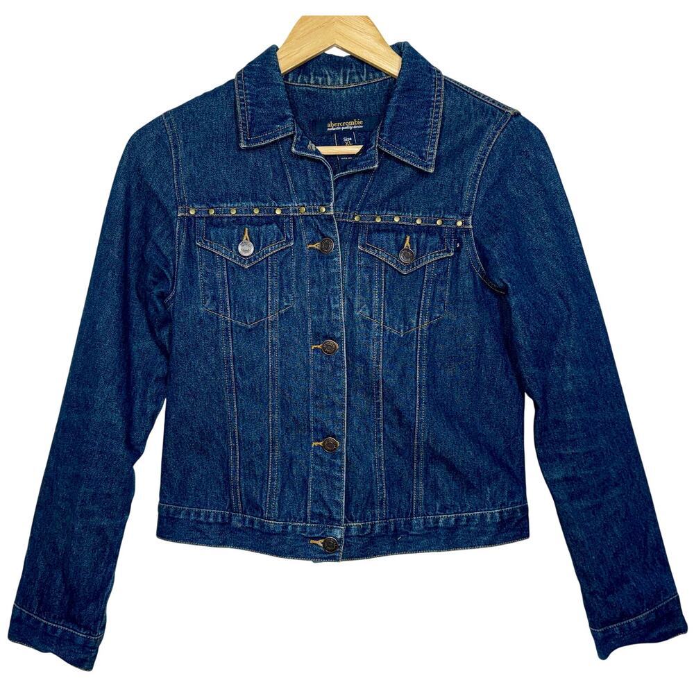 Abercrombie & Fitch Blue Denim Brown Studded Jean Jacket Coat Womens Size XL